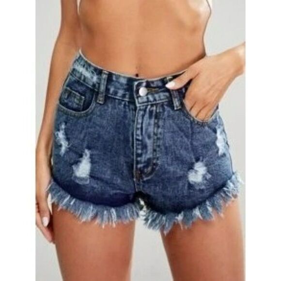 Ripped Raw Hem Denim Shorts (L) - Picture 1 of 4